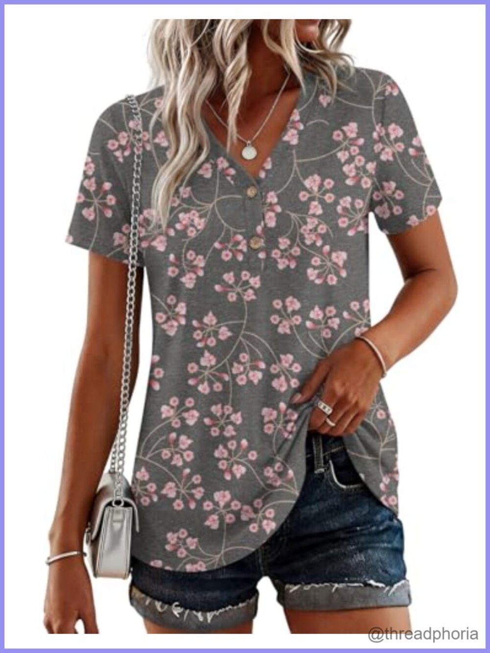 Womens Henley Tunic Top Short Sleeve Button Up Blouse V-Neck Casual